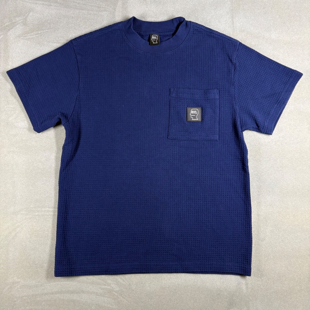 Brain Dead Navy Blue Waffle Knit Pocket T-Shirt Mens Small Streetwear Logo Patch